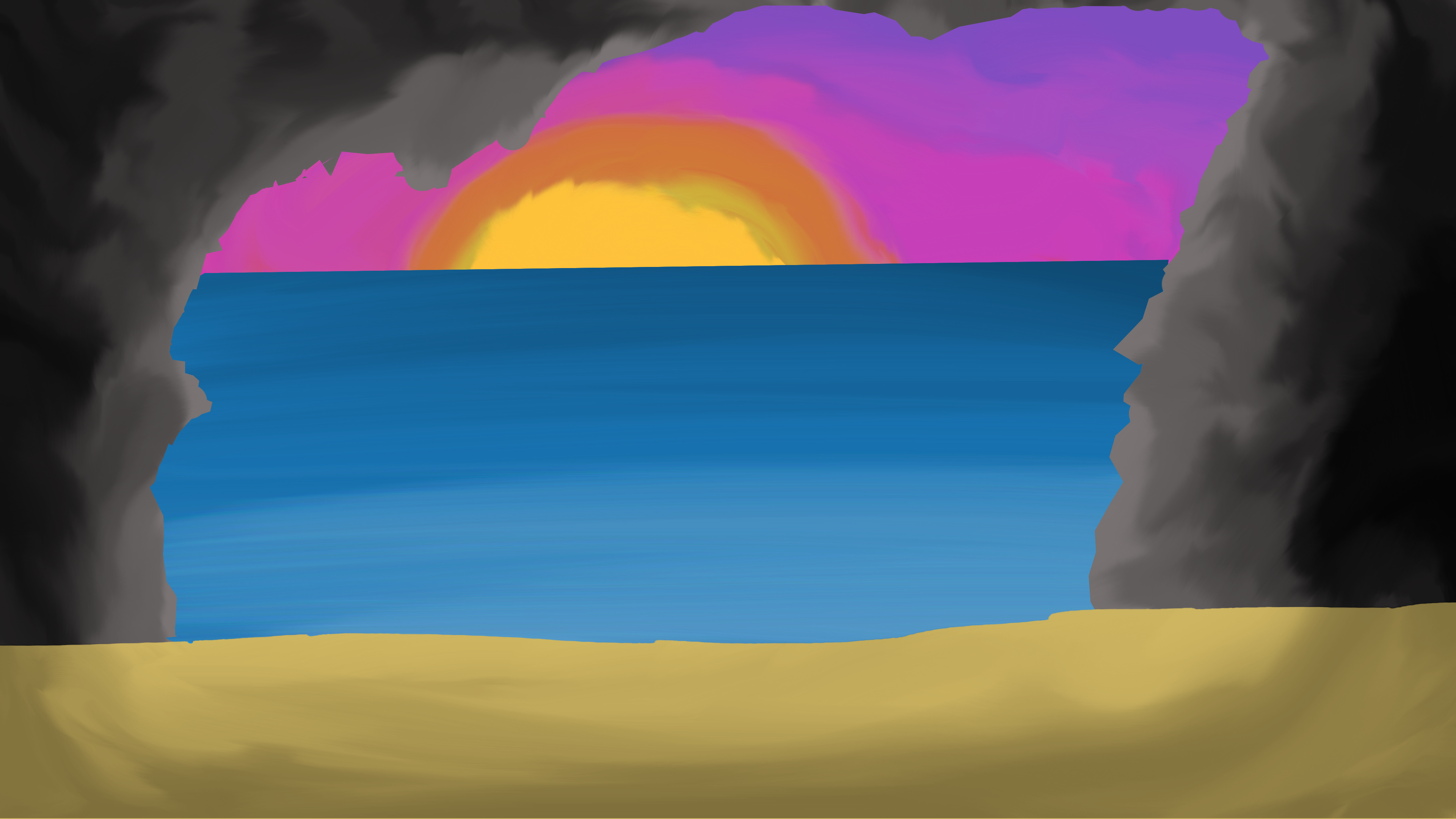 sunset beach looking out of a cave